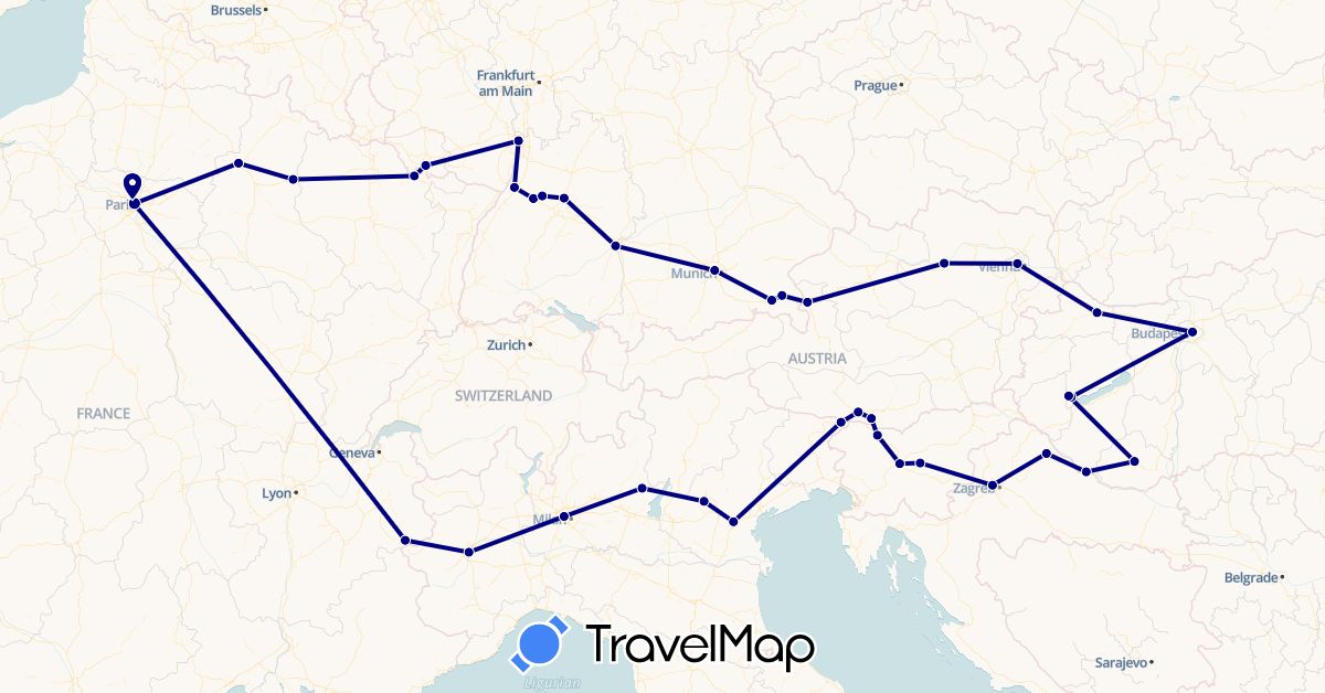 TravelMap itinerary: driving in Austria, Germany, France, Croatia, Hungary, Italy, Slovenia (Europe)